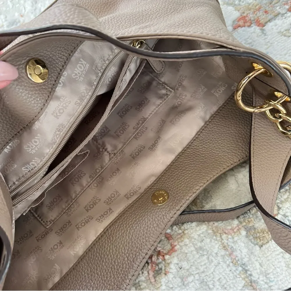 Michael Kors Jamesport Leather Hobo Large Shoulder Bag Taupe Tan Nude Gold